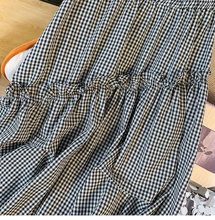 Summer New Elastic Waist Skirt Women Black and White Plaid Irregular A-line Thin High Waist Versatile Skirt Female