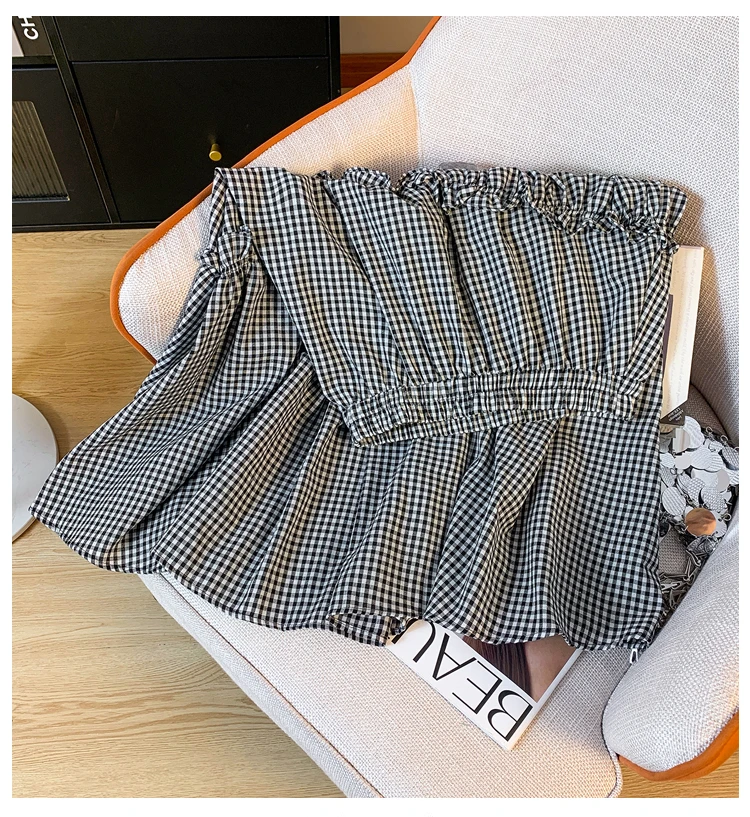 Summer New Elastic Waist Skirt Women Black and White Plaid Irregular A-line Thin High Waist Versatile Skirt Female