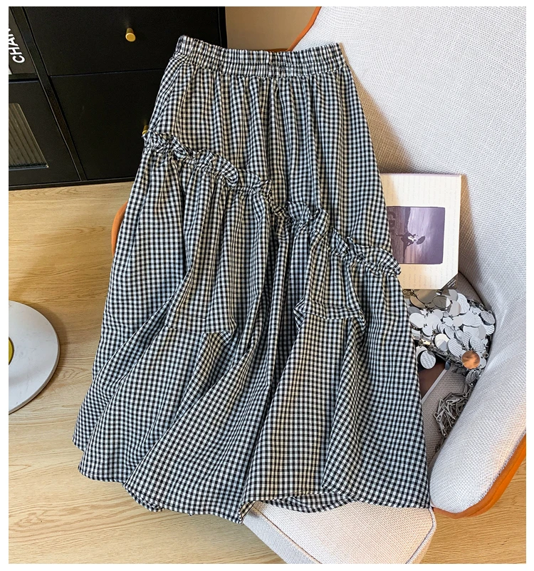 Summer New Elastic Waist Skirt Women Black and White Plaid Irregular A-line Thin High Waist Versatile Skirt Female