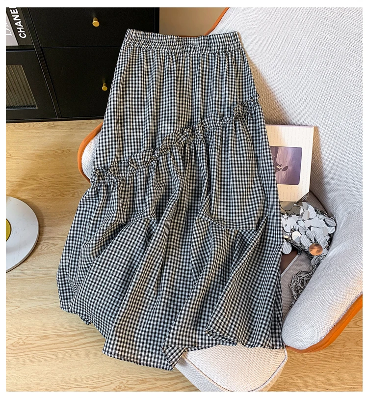 Summer New Elastic Waist Skirt Women Black and White Plaid Irregular A-line Thin High Waist Versatile Skirt Female