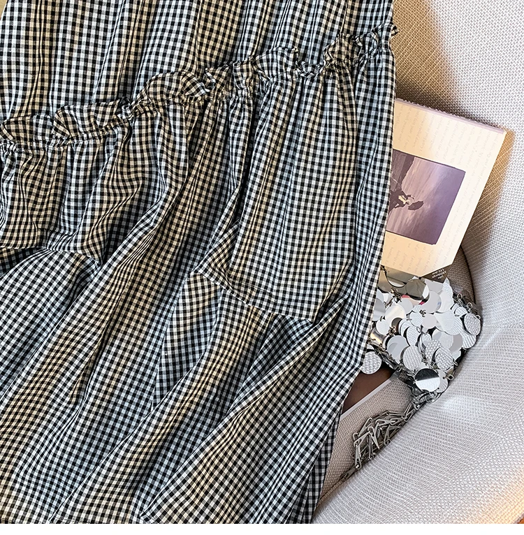 Summer New Elastic Waist Skirt Women Black and White Plaid Irregular A-line Thin High Waist Versatile Skirt Female