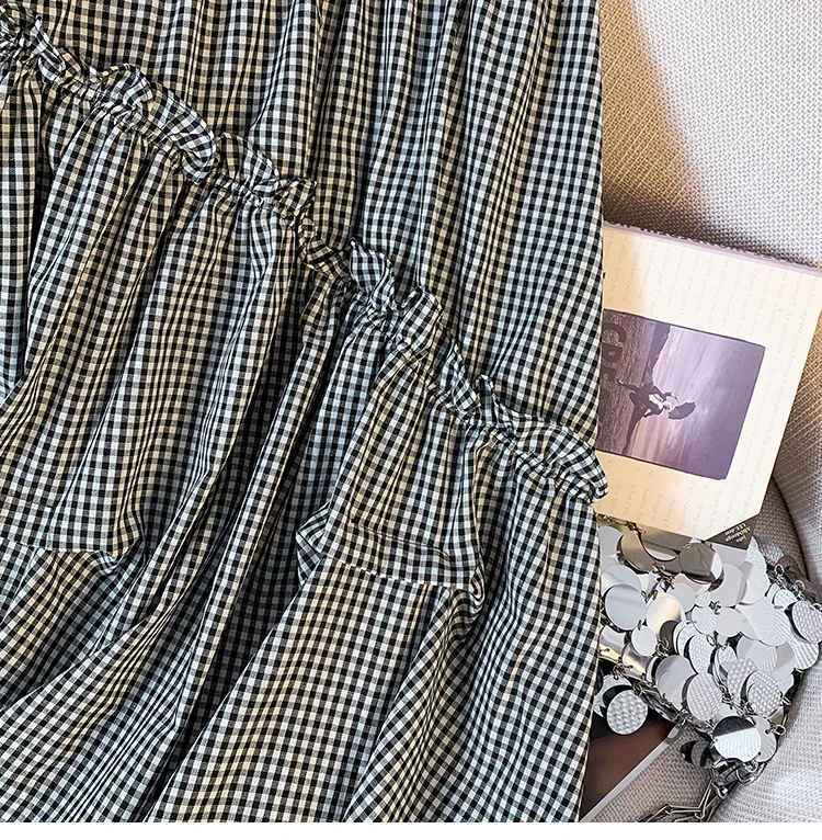 Summer New Elastic Waist Skirt Women Black and White Plaid Irregular A-line Thin High Waist Versatile Skirt Female