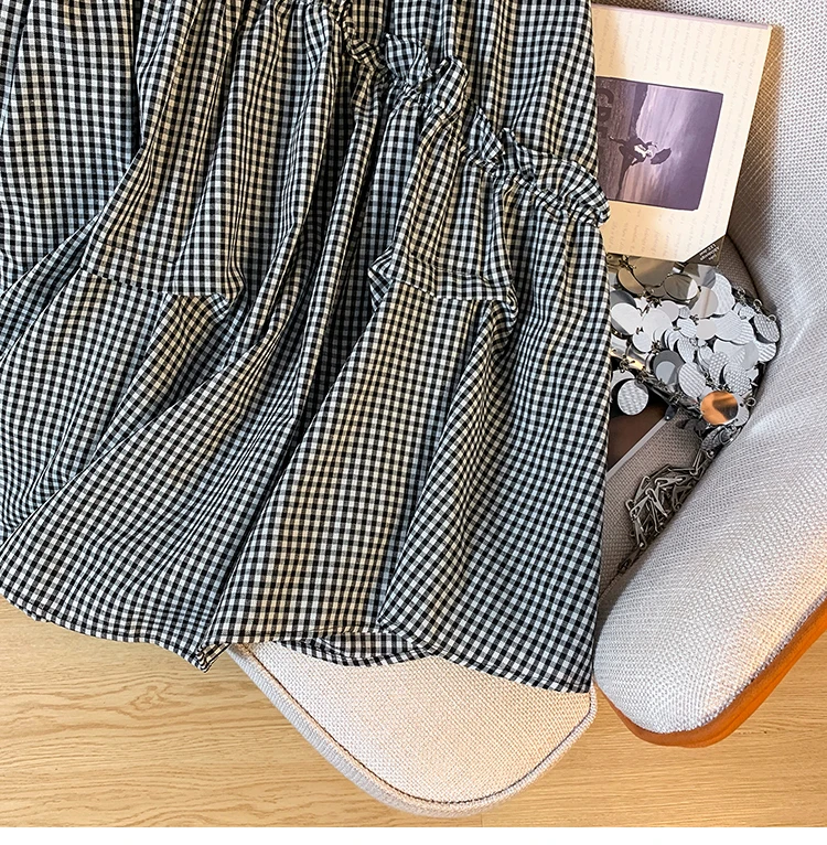 Summer New Elastic Waist Skirt Women Black and White Plaid Irregular A-line Thin High Waist Versatile Skirt Female