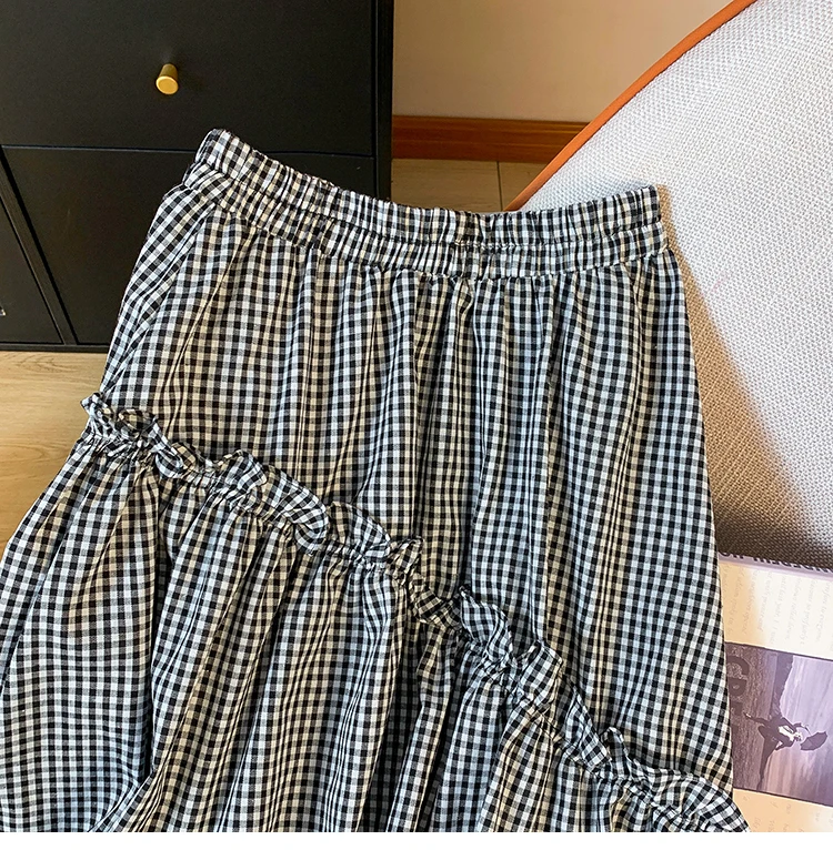 Summer New Elastic Waist Skirt Women Black and White Plaid Irregular A-line Thin High Waist Versatile Skirt Female