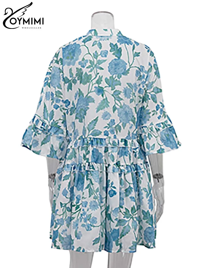 Oymimi Casual Blue Print Women's Dress Elegant Long Sleeve Ruffled Button Dresses Fashion Pleated Mini Dresses Female Clothing