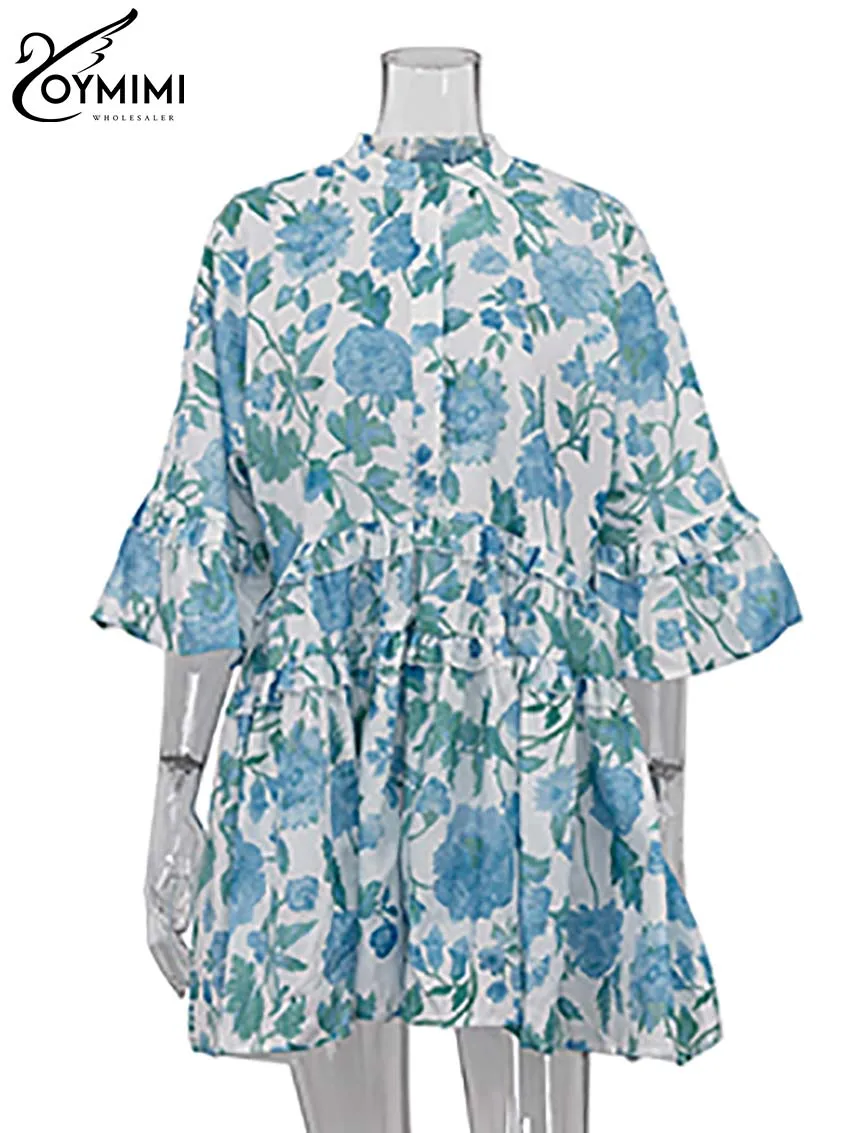 Oymimi Casual Blue Print Women's Dress Elegant Long Sleeve Ruffled Button Dresses Fashion Pleated Mini Dresses Female Clothing