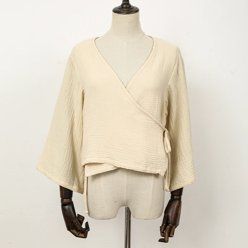 Muslin 100% Cotton Gauze Oversized Loose T-Shirt Sexy V-Neck Women'S Long Sleeve Top Bandage Elegant White Shrit And Blouse