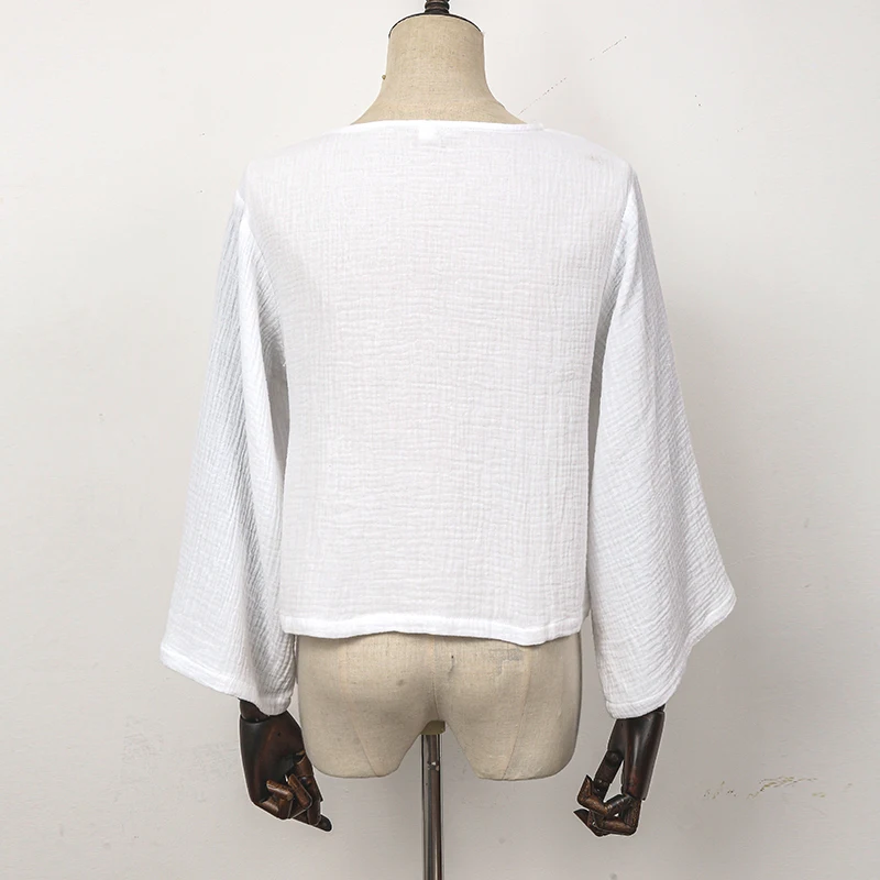 Muslin 100% Cotton Gauze Oversized Loose T-Shirt Sexy V-Neck Women'S Long Sleeve Top Bandage Elegant White Shrit And Blouse