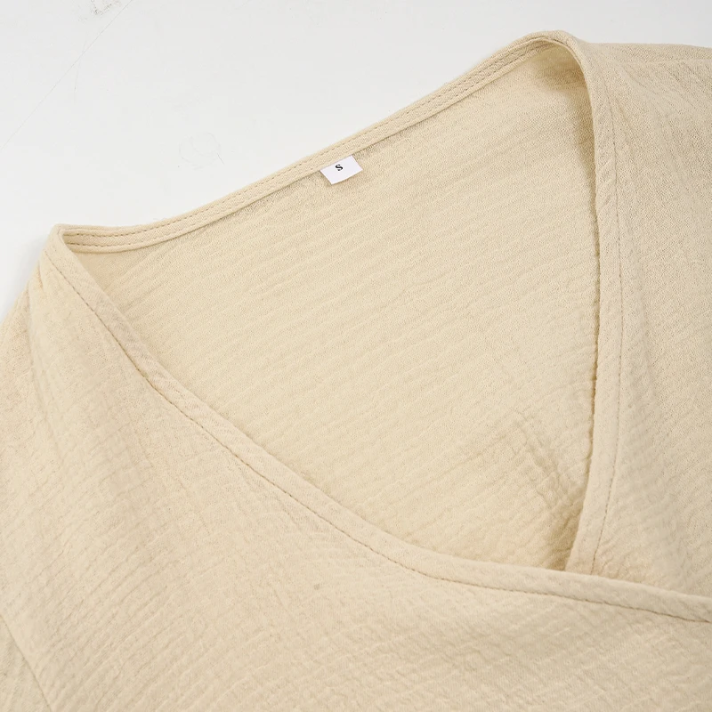 Muslin 100% Cotton Gauze Oversized Loose T-Shirt Sexy V-Neck Women'S Long Sleeve Top Bandage Elegant White Shrit And Blouse