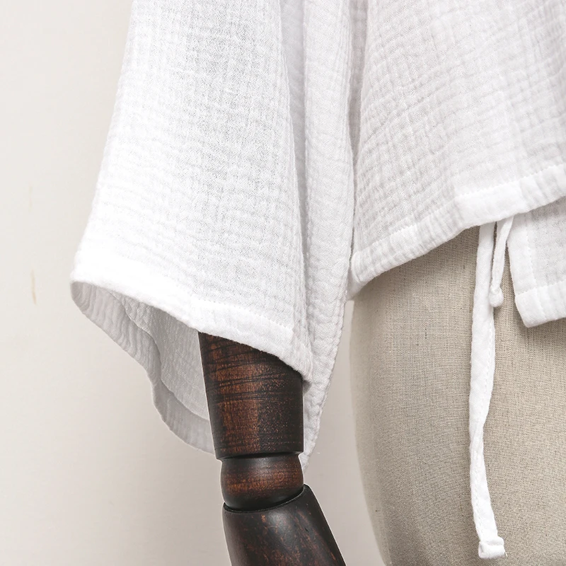 Muslin 100% Cotton Gauze Oversized Loose T-Shirt Sexy V-Neck Women'S Long Sleeve Top Bandage Elegant White Shrit And Blouse