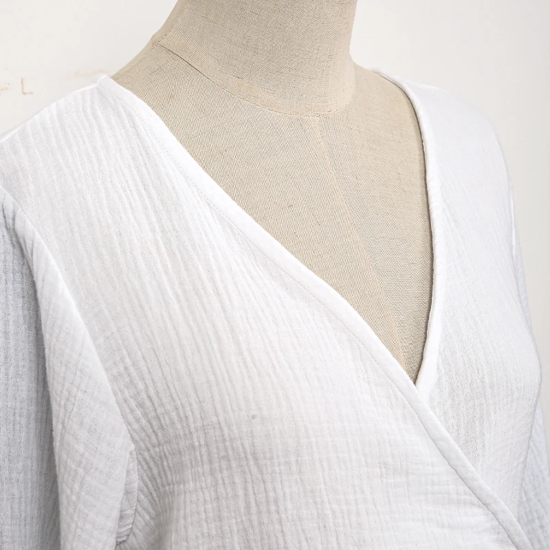Muslin 100% Cotton Gauze Oversized Loose T-Shirt Sexy V-Neck Women'S Long Sleeve Top Bandage Elegant White Shrit And Blouse