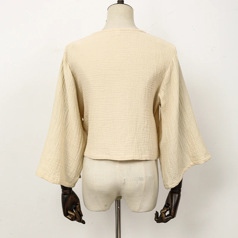 Muslin 100% Cotton Gauze Oversized Loose T-Shirt Sexy V-Neck Women'S Long Sleeve Top Bandage Elegant White Shrit And Blouse