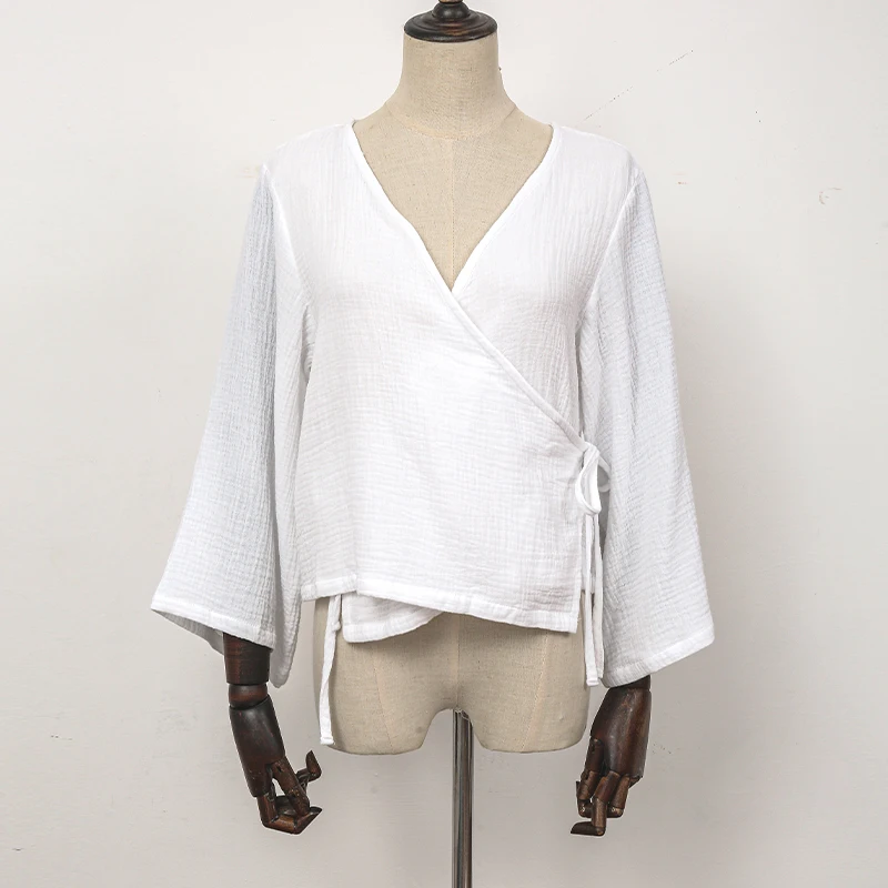Muslin 100% Cotton Gauze Oversized Loose T-Shirt Sexy V-Neck Women'S Long Sleeve Top Bandage Elegant White Shrit And Blouse