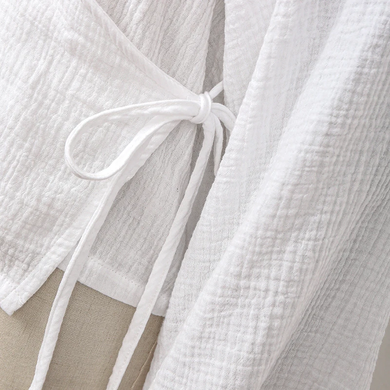 Muslin 100% Cotton Gauze Oversized Loose T-Shirt Sexy V-Neck Women'S Long Sleeve Top Bandage Elegant White Shrit And Blouse