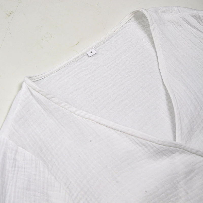 Muslin 100% Cotton Gauze Oversized Loose T-Shirt Sexy V-Neck Women'S Long Sleeve Top Bandage Elegant White Shrit And Blouse