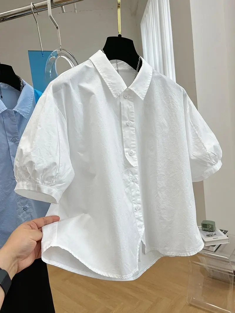 2024 Spring/Summer Korean New Preppy Style Bubble Sleeve Shirt Vintage Top Fashion Casual Loose Short Shirt