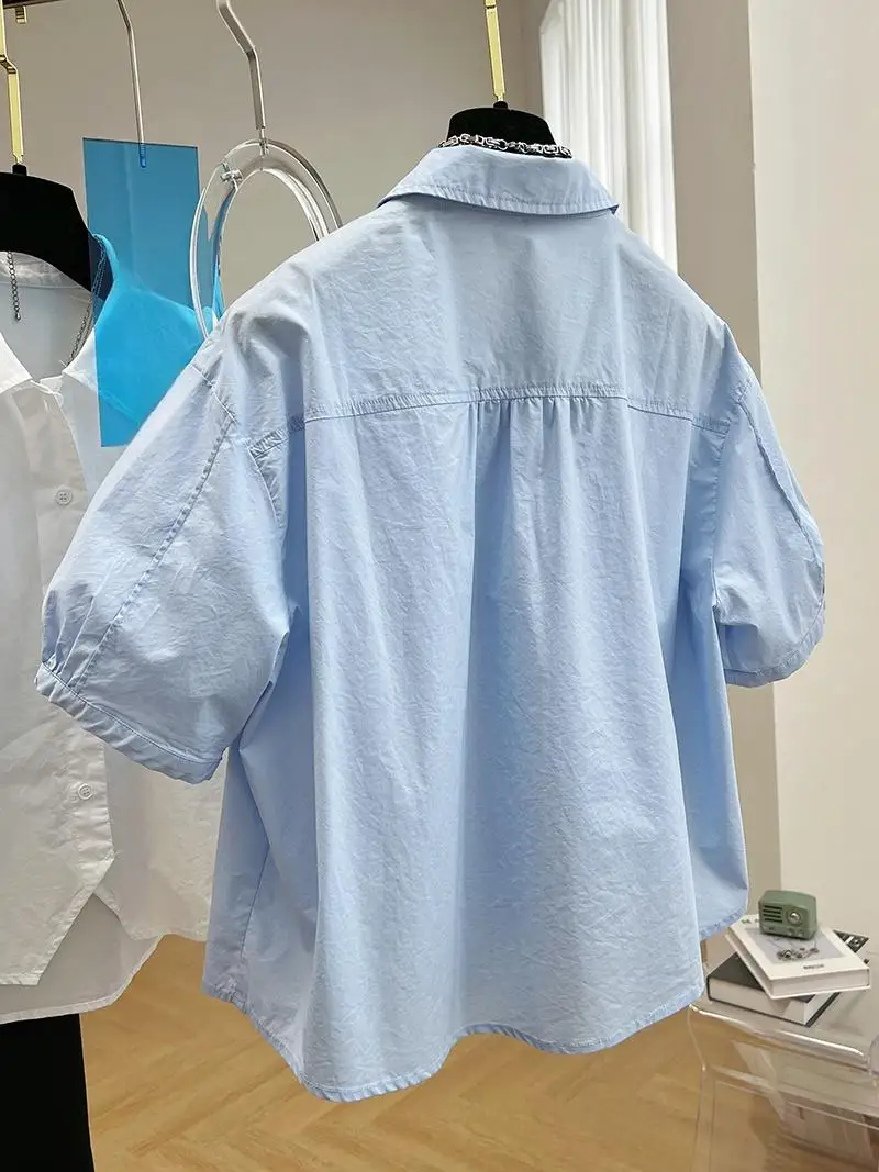 2024 Spring/Summer Korean New Preppy Style Bubble Sleeve Shirt Vintage Top Fashion Casual Loose Short Shirt