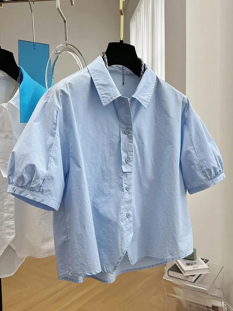 2024 Spring/Summer Korean New Preppy Style Bubble Sleeve Shirt Vintage Top Fashion Casual Loose Short Shirt