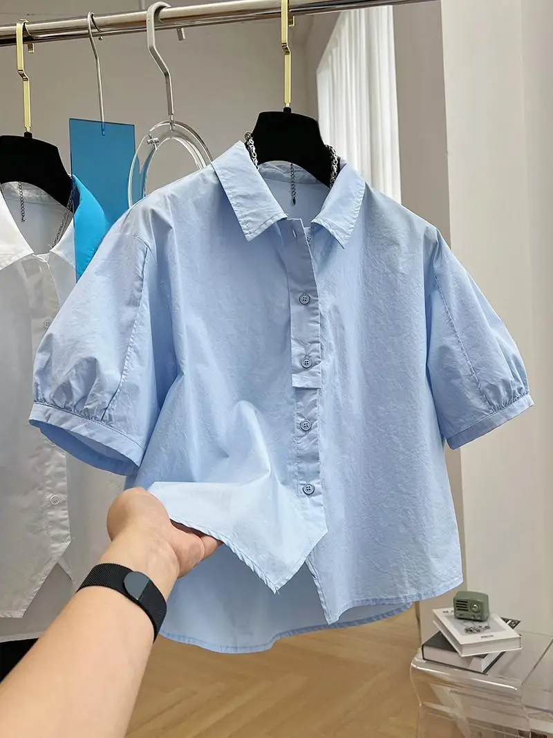 2024 Spring/Summer Korean New Preppy Style Bubble Sleeve Shirt Vintage Top Fashion Casual Loose Short Shirt