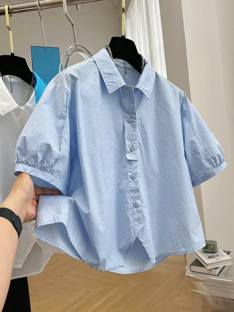 2024 Spring/Summer Korean New Preppy Style Bubble Sleeve Shirt Vintage Top Fashion Casual Loose Short Shirt