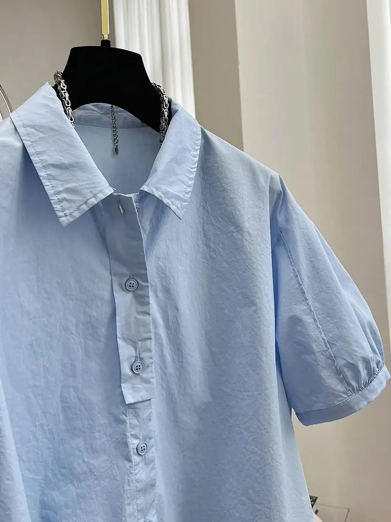 2024 Spring/Summer Korean New Preppy Style Bubble Sleeve Shirt Vintage Top Fashion Casual Loose Short Shirt