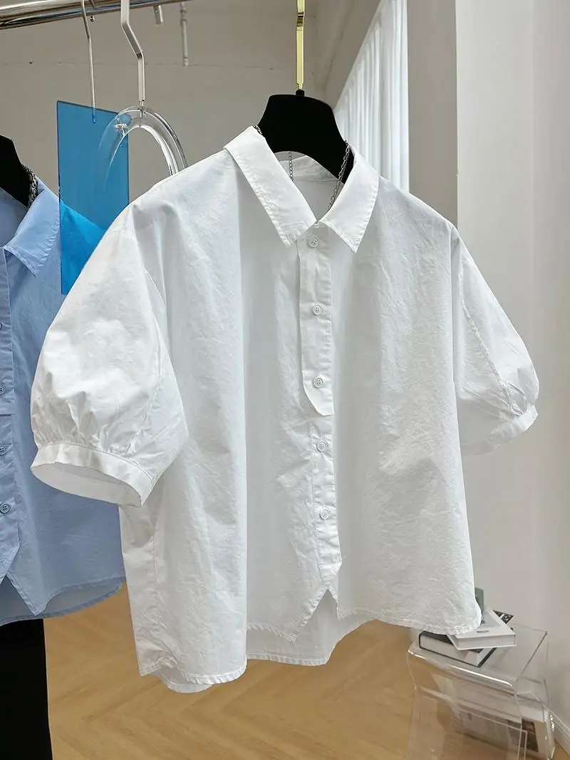 2024 Spring/Summer Korean New Preppy Style Bubble Sleeve Shirt Vintage Top Fashion Casual Loose Short Shirt