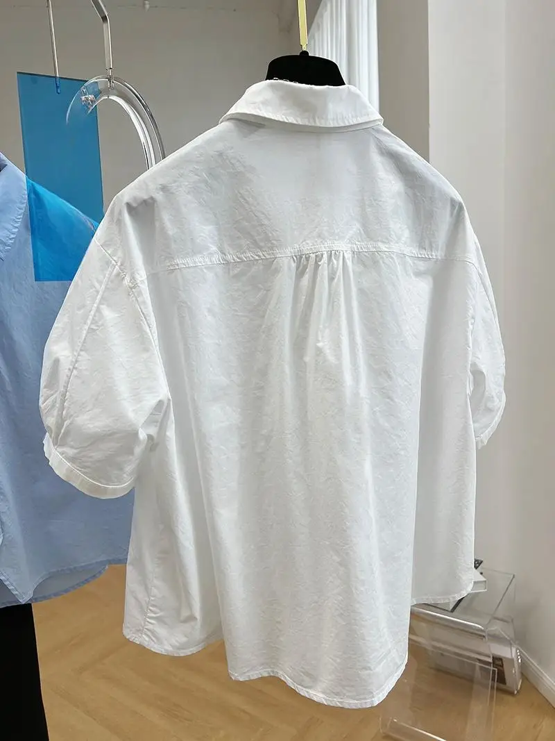 2024 Spring/Summer Korean New Preppy Style Bubble Sleeve Shirt Vintage Top Fashion Casual Loose Short Shirt