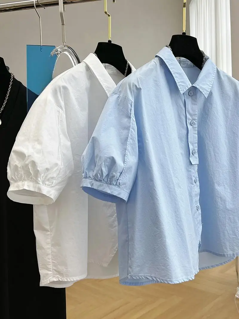 2024 Spring/Summer Korean New Preppy Style Bubble Sleeve Shirt Vintage Top Fashion Casual Loose Short Shirt