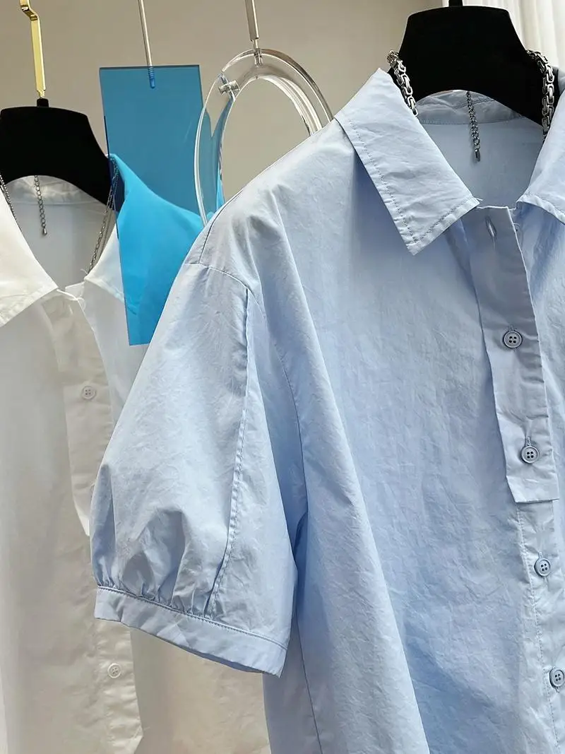 2024 Spring/Summer Korean New Preppy Style Bubble Sleeve Shirt Vintage Top Fashion Casual Loose Short Shirt
