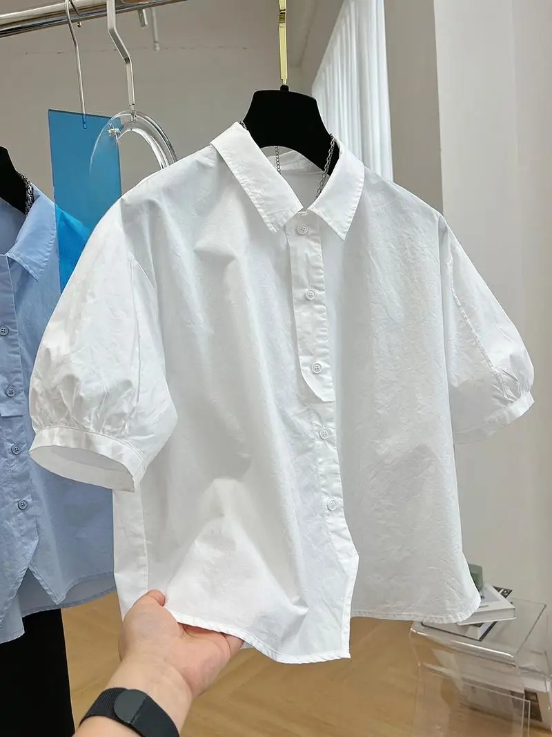 2024 Spring/Summer Korean New Preppy Style Bubble Sleeve Shirt Vintage Top Fashion Casual Loose Short Shirt