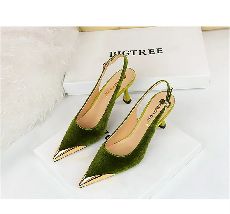 Elegant Women Green High Heel Velvet Pumps Wedding Party Slingback Sandals Metal Pointed Toe Hollow Buckle Wine Red Shoes