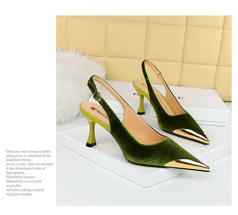 Elegant Women Green High Heel Velvet Pumps Wedding Party Slingback Sandals Metal Pointed Toe Hollow Buckle Wine Red Shoes