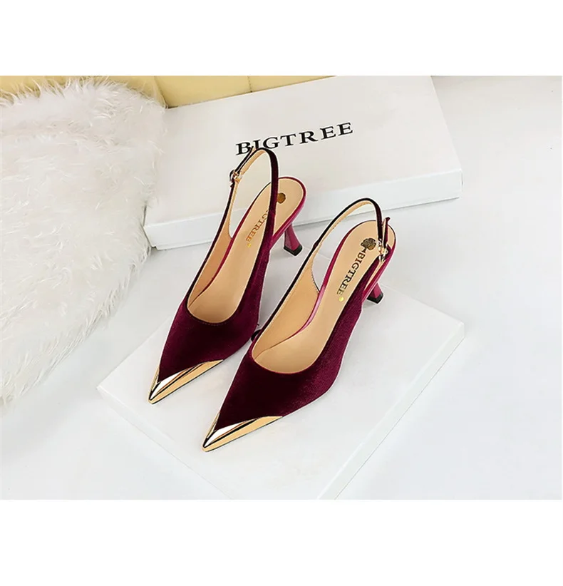 Elegant Women Green High Heel Velvet Pumps Wedding Party Slingback Sandals Metal Pointed Toe Hollow Buckle Wine Red Shoes