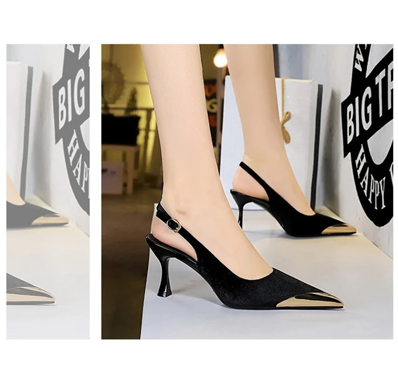 Elegant Women Green High Heel Velvet Pumps Wedding Party Slingback Sandals Metal Pointed Toe Hollow Buckle Wine Red Shoes