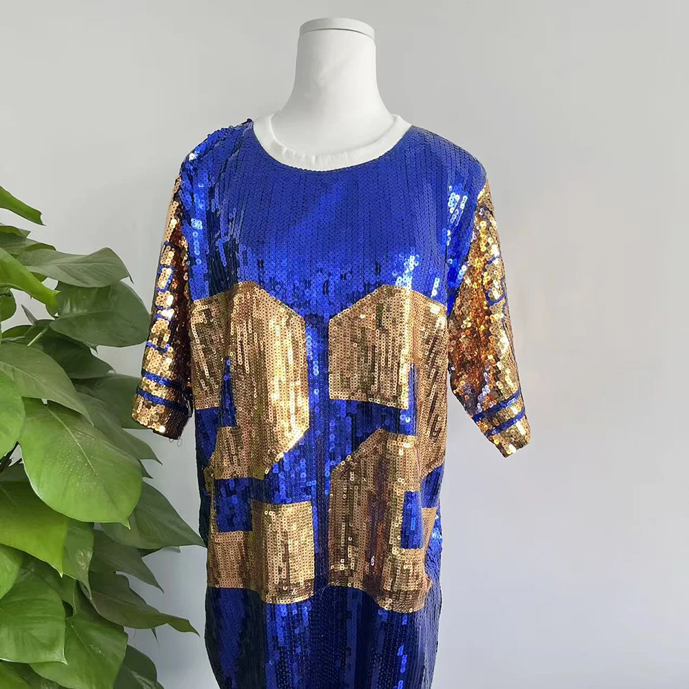 Sequin Long O Neck T Shirt Party Club Top Loose Clothes Blue Gold Number 22 Sorority SGR Sequin T Shirt Clothing
