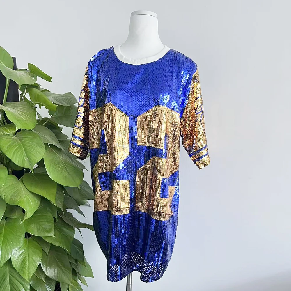 Sequin Long O Neck T Shirt Party Club Top Loose Clothes Blue Gold Number 22 Sorority SGR Sequin T Shirt Clothing