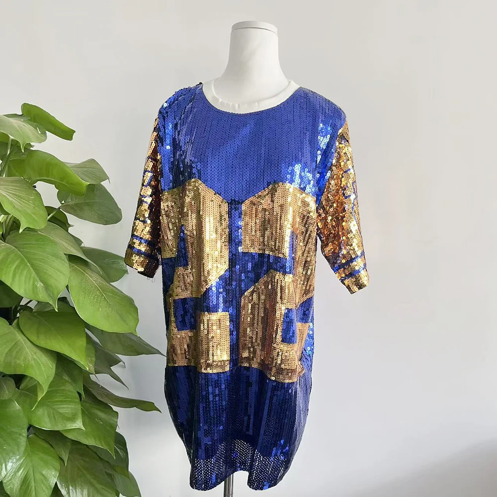 Sequin Long O Neck T Shirt Party Club Top Loose Clothes Blue Gold Number 22 Sorority SGR Sequin T Shirt Clothing