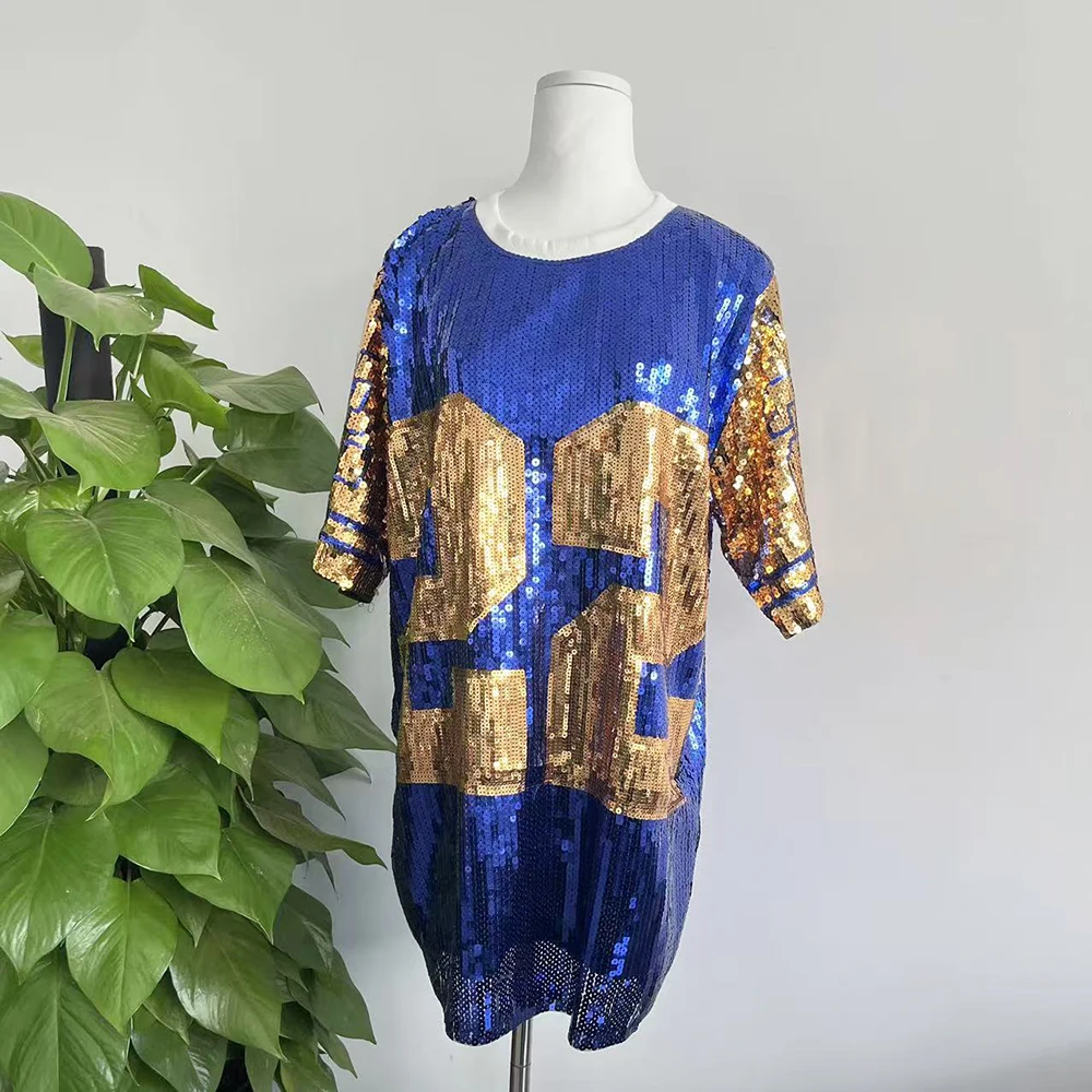 Sequin Long O Neck T Shirt Party Club Top Loose Clothes Blue Gold Number 22 Sorority SGR Sequin T Shirt Clothing
