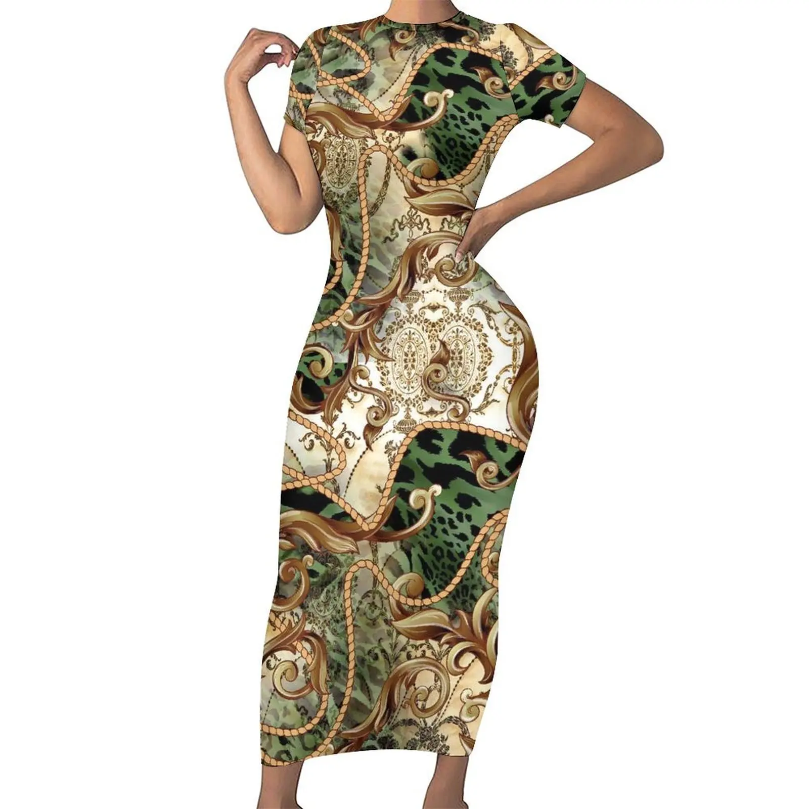 Retro Chains Bodycon Dress Summer Leopard Print Cute Maxi Dresses Women Short Sleeve Graphic Street Fashion Dress 3XL 4XL 5XL