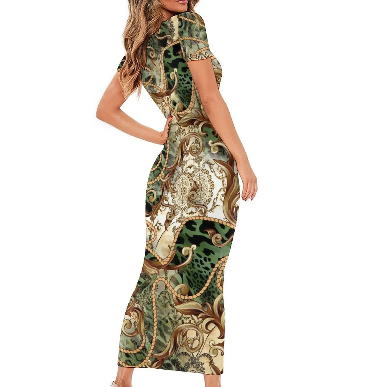 Retro Chains Bodycon Dress Summer Leopard Print Cute Maxi Dresses Women Short Sleeve Graphic Street Fashion Dress 3XL 4XL 5XL