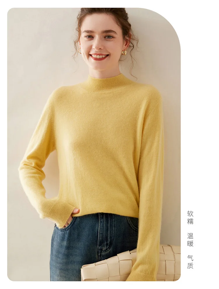 WinvyNee Women Cashmere Sweater Mock Neck Merino Wool Loose Sweater Solid Knitted Tops Casual Pullover Jumper Autumn A1054002