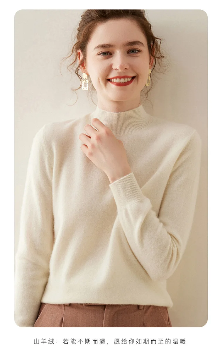 WinvyNee Women Cashmere Sweater Mock Neck Merino Wool Loose Sweater Solid Knitted Tops Casual Pullover Jumper Autumn A1054002