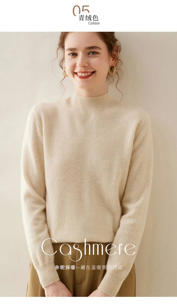 WinvyNee Women Cashmere Sweater Mock Neck Merino Wool Loose Sweater Solid Knitted Tops Casual Pullover Jumper Autumn A1054002