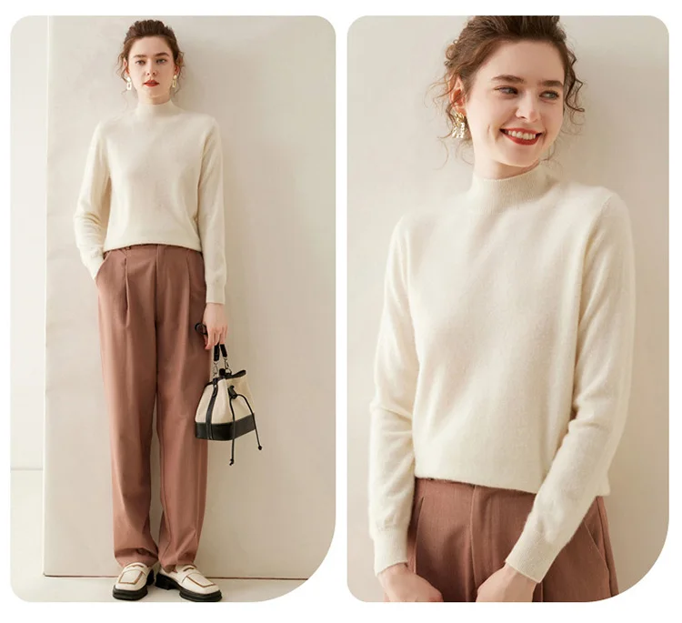 WinvyNee Women Cashmere Sweater Mock Neck Merino Wool Loose Sweater Solid Knitted Tops Casual Pullover Jumper Autumn A1054002