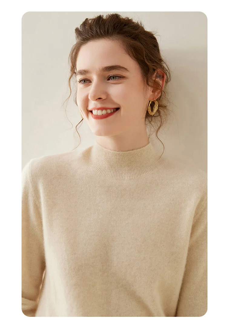 WinvyNee Women Cashmere Sweater Mock Neck Merino Wool Loose Sweater Solid Knitted Tops Casual Pullover Jumper Autumn A1054002