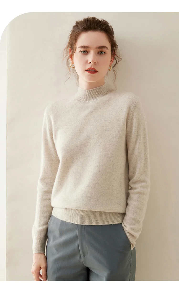 WinvyNee Women Cashmere Sweater Mock Neck Merino Wool Loose Sweater Solid Knitted Tops Casual Pullover Jumper Autumn A1054002