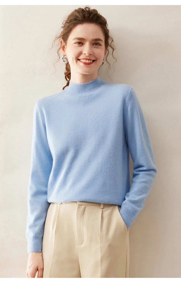 WinvyNee Women Cashmere Sweater Mock Neck Merino Wool Loose Sweater Solid Knitted Tops Casual Pullover Jumper Autumn A1054002