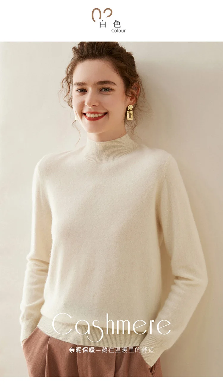 WinvyNee Women Cashmere Sweater Mock Neck Merino Wool Loose Sweater Solid Knitted Tops Casual Pullover Jumper Autumn A1054002