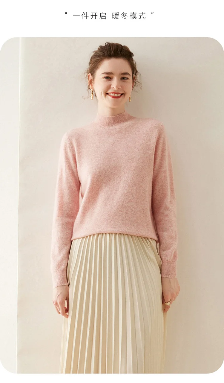 WinvyNee Women Cashmere Sweater Mock Neck Merino Wool Loose Sweater Solid Knitted Tops Casual Pullover Jumper Autumn A1054002