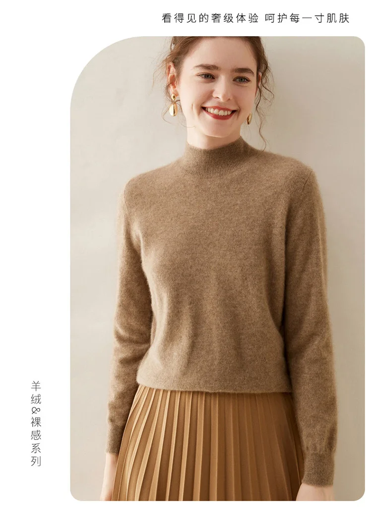 WinvyNee Women Cashmere Sweater Mock Neck Merino Wool Loose Sweater Solid Knitted Tops Casual Pullover Jumper Autumn A1054002